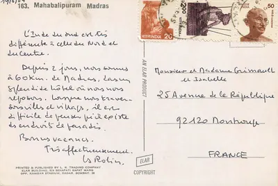 Mahabalipuram — templos sobre rochedos — editor ELAR, n° 163 — Verso