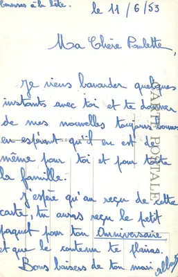 Schaapjes op een rivier — Antieke ansichtkaart gedateerd 11/6/53 — uitgever 'CARTE POSTALE' zichtbaar op de achterkant — Achterkant