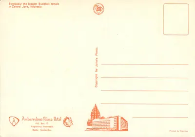 Borobudur — o maior templo budista da Indonésia — Ambarrukmo Palace Hotel, Yogyakarta — Verso