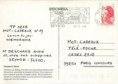 Świątynia Ubud — jezioro z lotosami — wydawca Mot-Cadeaux N°19 — Rewers