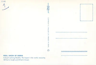 Pegu, Zjednoczone Prowincje Birmy — ogromny leżący Budda — Wallish Ltd — Rewers