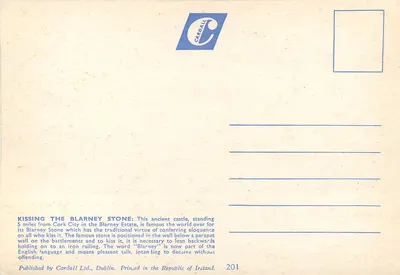 Pocałowanie kamienia Blarney, Zamek Blarney, hrabstwo Cork, Irlandia — Cardall Ltd. n°201 — Rewers