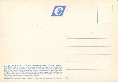 Cruz de São Patrício e Pedra da Coroação, Rocha de Cashel, Condado de Tipperary, Irlanda — Cardall Ltd. n°383 — Verso