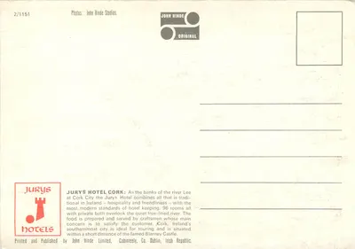 Jurys Hotel — Western Road, Cork, Irland — John Hinde Studios — Rückseite