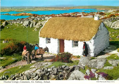 Cottage com telhado de palha, Connemara, Condado de Galway, Irlanda — Foto colorida por John Hinde, F.R.P.S.