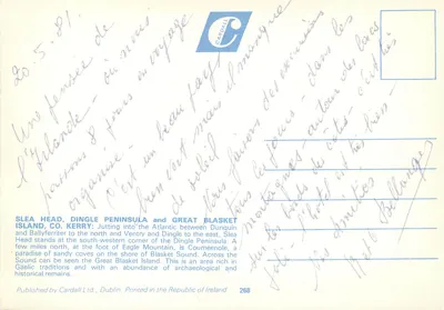 Slea Head, Península de Dingle e a Ilha Grande de Blasket, Condado de Kerry, Irlanda — Cardall Ltd. n°268 — Verso