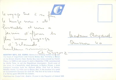 Bantry Bay, mostrando Bantry House e Whiddy Island, West Cork, Irlanda — Cardall Ltd. n°206 — Verso