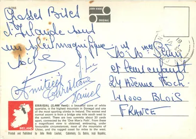 Bilhete postal moderno Montanha Errigal a partir de Gweedore, Condado de Donegal, Irlanda — Verso