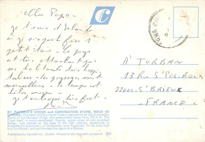 Croix de São Patrício e Pierre de Coroação, Rocha de Cashel, Condado de Tipperary, Irlanda — Cardall Ltd. n°383 — Verso