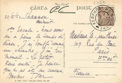 Ao lado do Lago Inferior, Glendalough, Condado de Wicklow, Irlanda — P.C. 'Real-Color' Carta No. 84, editor Cahill & Co. Ltd. — Verso