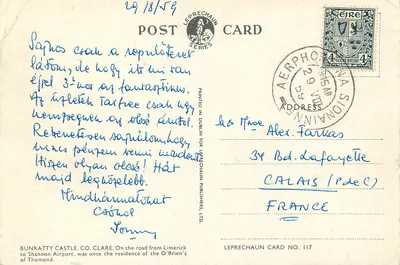 Castelo de Bunratty, Condado de Clare — na estrada de Limerick ao aeroporto de Shannon — editor Leprechaun Card No. 117 — Verso