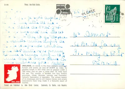 SAUDAÇÕES DA IRLANDA — John Hinde Limited, Cabinteely, Co. Dublin — Verso