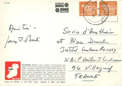 Clifden e os « Twelve Pins », Connemara, Irlanda — Foto colorida por John Hinde, F.R.P.S. — Verso