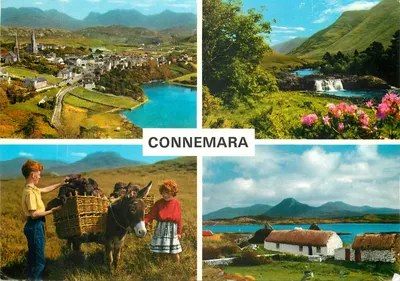 Connemara — paisagem, cachoeira, crianças com jumento, cabanas — John Hinde F.R.P.S.