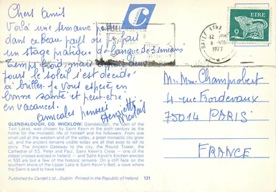 Glendalough — dois lagos, abadia e cruz celta — Cardall Ltd, Dublin, n°131 — Verso