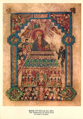 A Tentação de Cristo — Livro de Kells, fol. 202v — impresso por John Hinde Ltd, Dublin
