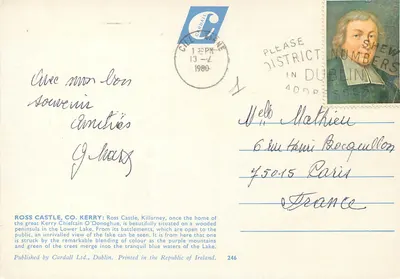 Ross Castle, op het onderste meer, Killarney, provincie Kerry, Ierland — Cardall Ltd. n°246 — Achterkant