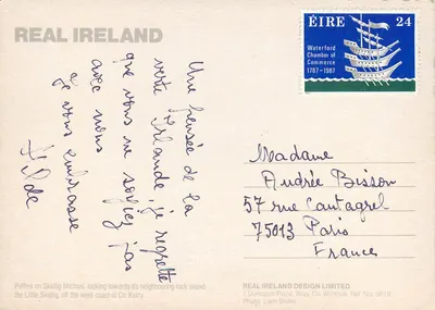 Pinguins em Skellig Michael — ilha vizinha em segundo plano — REAL IRELAND DESIGN LIMITED, Ref. No. SP18 — Verso