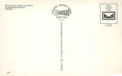 Ceremonia zmiany straży — Pałac Buckingham, Londyn — The Photographic Greeting Card Co. Ltd., Londyn, seria C11858 — Rewers
