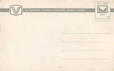 Ansichtskarte der Karte des Union Jack mit Orten des Vereinigten Königreichs — veröffentlicht von Valentine Printers & Publishers, Dundee & London — Rückseite