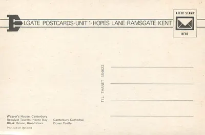 Historical Kent — Canterbury Cathedral, Dover Castle, Reculver Towers, Bleak House, Weaver's House — Éditeur: Elgate Postcards — Back