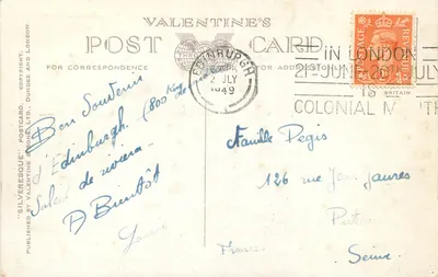 Zamek w Edynburgu, Galeria Narodowa i Pomnik Scotta — Valentine's Postcard, seria A.2186 — Rewers