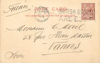 Carta postal comercial — E. Marcesche & Co., Cardiff — destinada a Vanves, França — 23 de junho de 1926