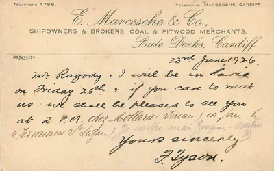Carta postal comercial — E. Marcesche & Co., Cardiff — destinada a Vanves, França — 23 de junho de 1926 — Verso
