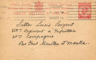 Londres — Grand Hôtel — carta postal da Grã-Bretanha, datada de 20 de outubro de 1914