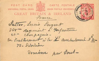 Carta postal de Londres — Grand Hotel — destinada a um soldado em tratamento na ambulância n°2 — editada por Great Britain & Ireland