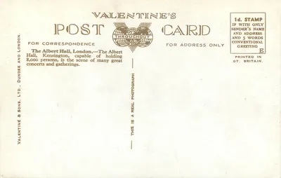 Albert Hall, Londyn — widok z zewnątrz — Valentine & Sons, Ltd. n°245 — Rewers