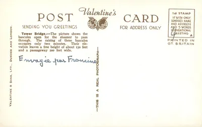 Most Tower, Londyn — widok z podniesionymi mostami — Valentine's Postcard n°43871 — Rewers