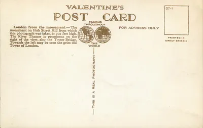 Londyn z Monumentu — widok na Tamizę i Most Tower — kartka pocztowa Valentine's n°43870 J.V. — Rewers