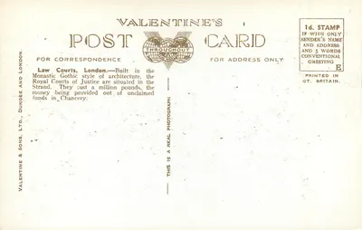 Law Courts, Fleet Street, Londres — vista do edifício gótico — Valentine's Postcard (27) — Verso