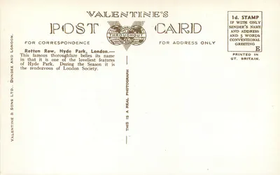 Rotten Row, Hyde Park, Londyn — Karta pocztowa Valentine's, n° 216751 — Rewers