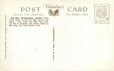 Big Ben, Westminster, Londres — Carta postal Valentine's, H.9153 — Verso