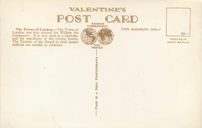 Wieża Londynu z mostu Tower Bridge — Kartka pocztowa Valentine's, nr 20838 — Rewers