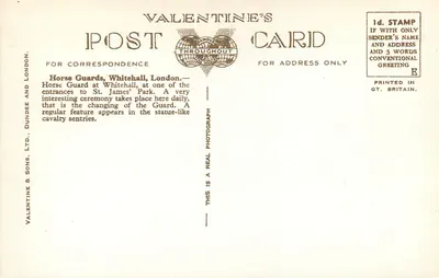 Kavalerie wachters, Whitehall, Londen — (2) 64226.JV — Antieke ansichtkaart Valentine's — Achterkant