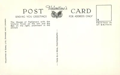 Most Westminsterski i Pałac Parlamentu w Londynie — kartka pocztowa Valentine's K 6327 — Rewers