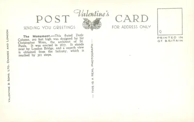 Monument w Londynie — widok na kolumnę doricką — Valentine's & Sons, Ltd. n° K.7100 — Rewers