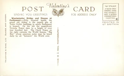 Casas do Parlamento & Ponte de Westminster, Londres — Cartão Postal Valentine's, G.5708 — Verso