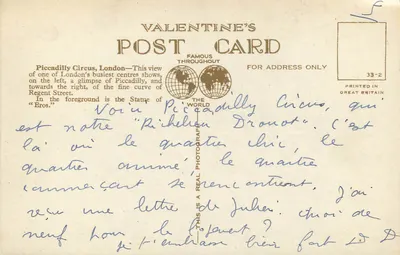 Piccadilly Circus, London — view of the Eros statue and Swan & Edgar buildings — Valentine's Postcard n°33-2 — Back