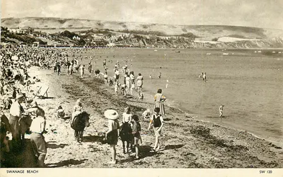 Praia de Swanage — vista animada da praia — editor Jarrold & Sons Ltd, n° SW 120