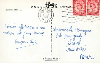 Praia de Swanage — vista animada da praia — editor Jarrold & Sons Ltd, n° SW 120 — Verso