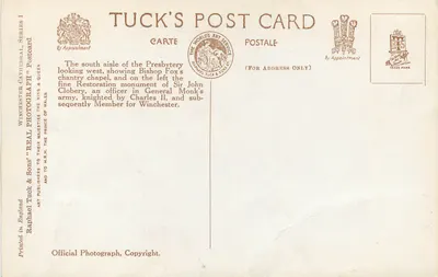 Wnętrze katedry w Winchester — nawy południowa — Tuck's Post Card, seria I — Rewers