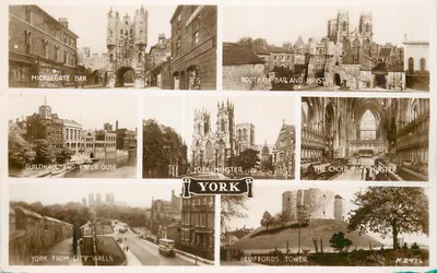 York — Micklegate Bar, Bootham Bar e Minster, Guildhall e Rio Ouse, York Minster, o Coro de York Minster, York visto dos Muros da Cidade, Clifford's Tower — Carta Postal Valentine's Postcard, n° M.2936