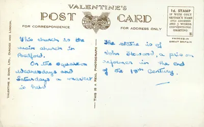Igreja e Praça de St Paul, Bedford — Carta de Valentim, editor Valentine & Sons, Ltd., Dundee and London, n° 216239 — Verso