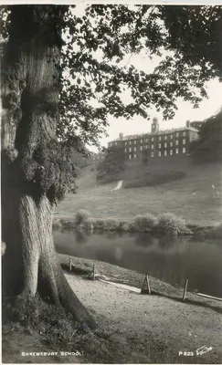 Shrewsbury School — vista de uma árvore perto de um lago — editor Walter Scott, n° P 823