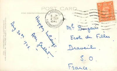Shrewsbury School — vista de uma árvore perto de um lago — editor Walter Scott, n° P 823 — Verso
