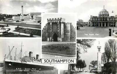 Southampton — Vista panorâmica com o Centro Cívico, Bargate, The Royal Pier, o navio de passageiros R.M.S. 'Queen Mary' no Ocean Terminal e o Memorial dos Pais Pilgrim
